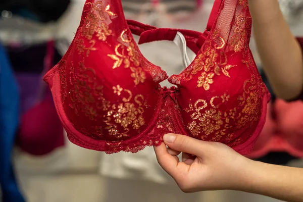 Female Hand Chooses Sexy Red Bra Lingerie Store Women Underwear — Stock Photo, Image