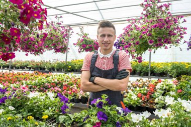 Erkek bahçıvan serada çiçeklerle uğraşırken bitkilerle ilgileniyor. Yaşam biçimi
