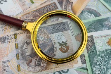 Cilalı büyüteç, ulusal para. İş konsepti