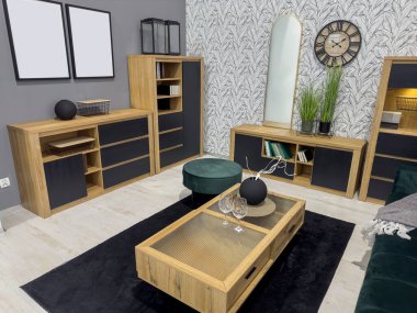 Ahşap döşemeli ahşap dolabı olan modern oturma odasının içi. İç mimari