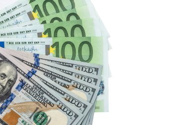 Yığınla dolar ve euro kağıtları para banknotları. Dünyanın önde gelen iki para birimi