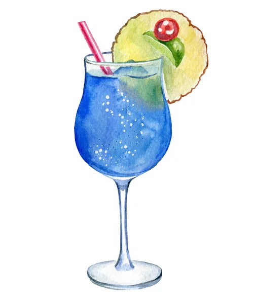 Watercolor Cocktail blue lagoon — Stock Photo, Image