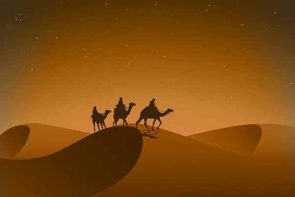 Arabic caravan in night desert. — Stock Vector