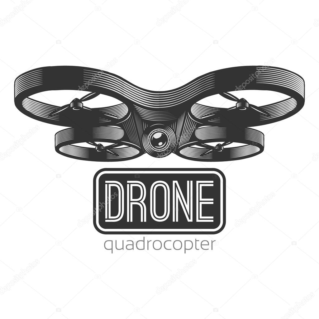 Drone poster. Vector illustration of quadrocopter. Can be used in logo, prints and posters.