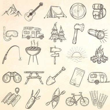 Elle çizilmiş simgeler kamp kümesi.