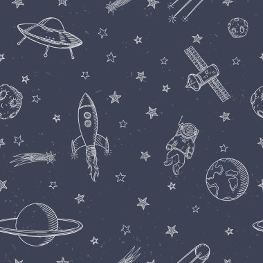 Elle çizilmiş astronomi doodle seamless modeli.
