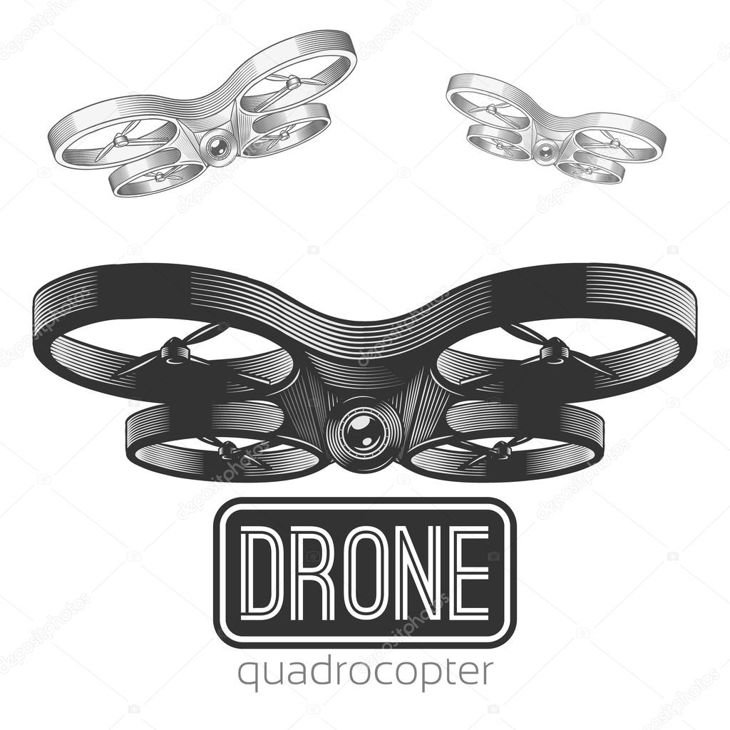 Drone quadrocopter poster. Hand drawn vector illustration.