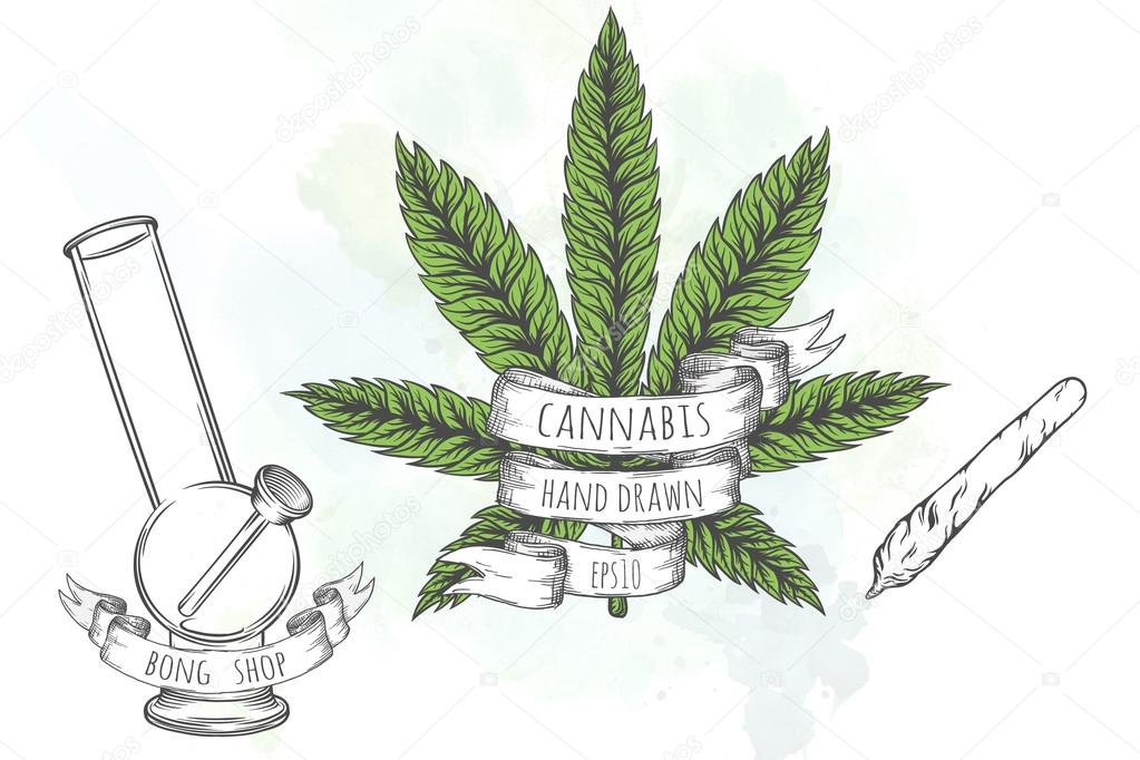 Marijuana stuff collection. Hand drawn isolated illustrations on watercolor background.