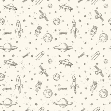 Elle çizilmiş astronomi doodle seamless modeli.
