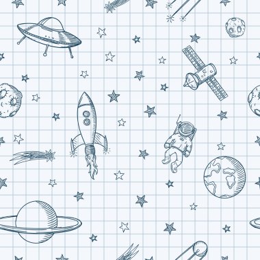 Elle çizilmiş astronomi doodle seamless modeli.