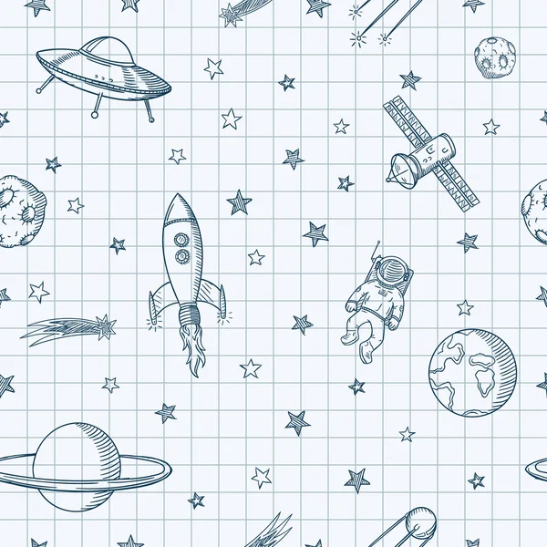 Hand getekende astronomie doodle naadloze patroon. — Stockvector