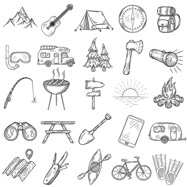 Set di icone da campeggio disegnate a mano . — Vettoriale Stock