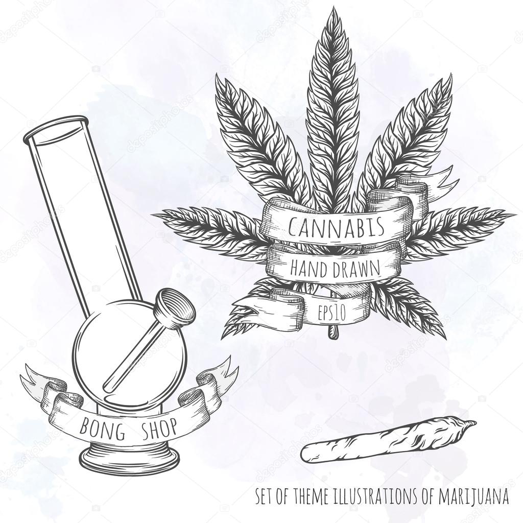 Marijuana stuff collection. Hand drawn isolated illustrations on watercolor background.