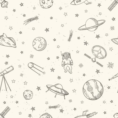 Elle çizilmiş astronomi doodle seamless modeli.