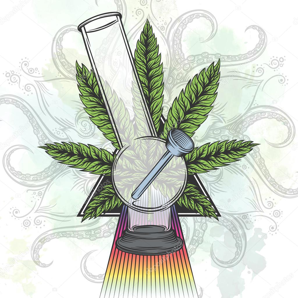 Marijuana leaf. Hand drawn isolated illustrations on abstract watercolor background.