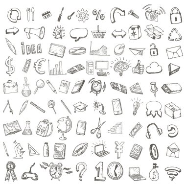 Okul ve ofis çizilmiş simgeler kümesi el.