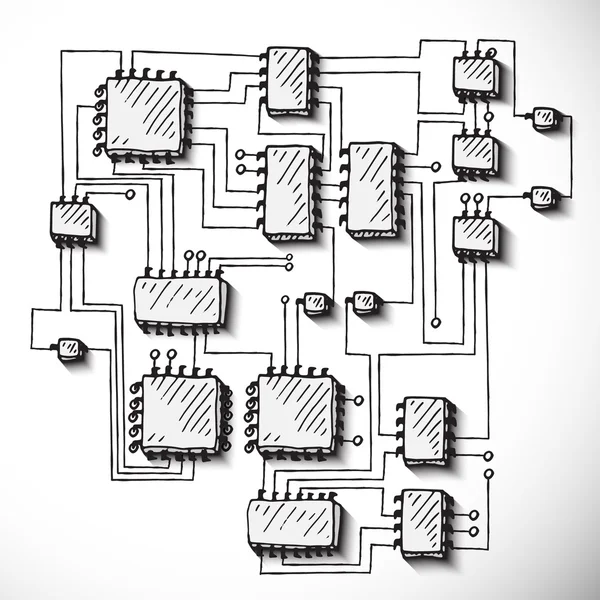 Placa de circuito impreso, dibujada a mano . — Vector de stock