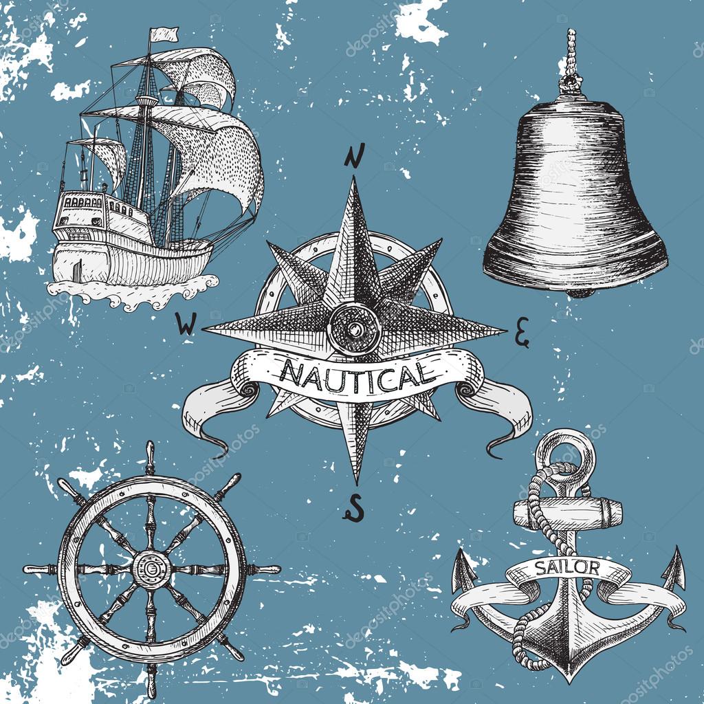 Items on the marine theme. Hand drawn elements.