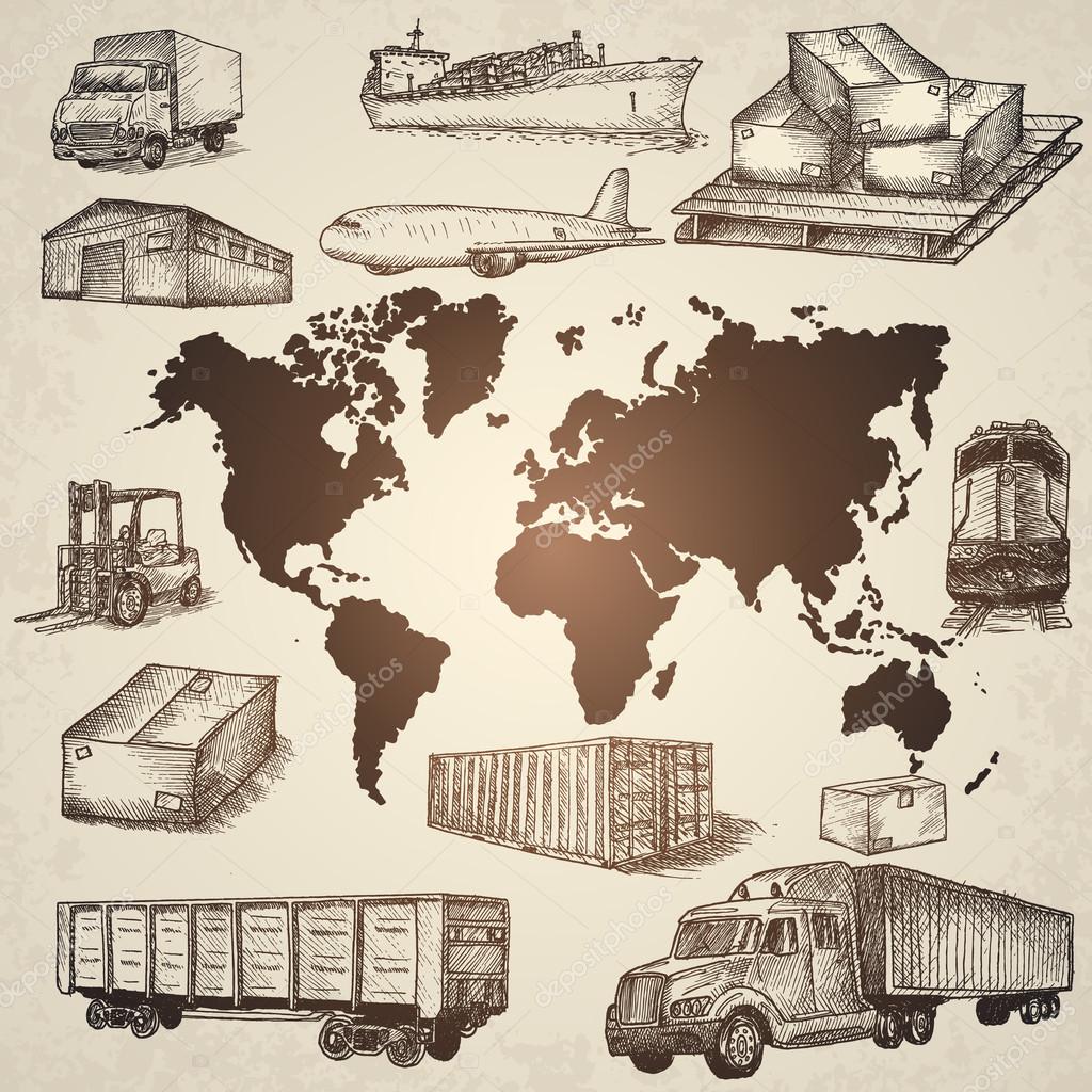 Logistics hand drawn isolated elements. Hand drawn vector illustration.