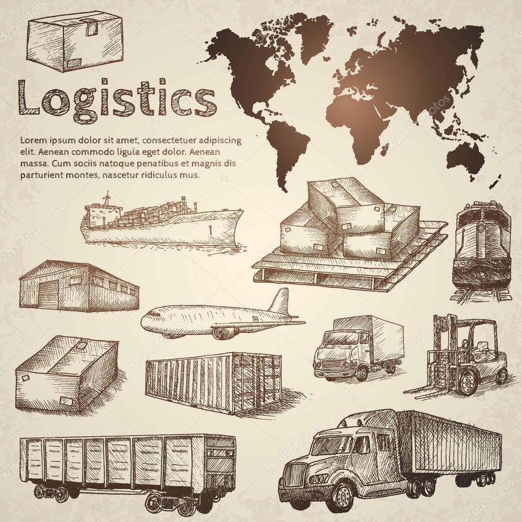 Logistics hand drawn isolated elements. Hand drawn vector illustration.