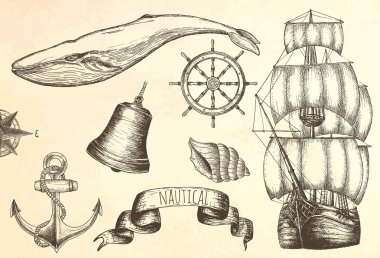 Vintage gemi. Deniz teması maddelerde.