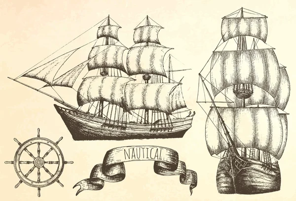 Vintage πλοίο. Στοιχεία σχετικά με το θέμα της θαλάσσιας. — Διανυσματικό Αρχείο