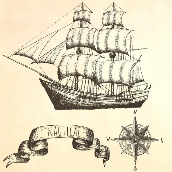 Navio vintage. Itens sobre o tema marinho . — Vetor de Stock