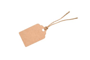 Blank kraft paper tag with string isolated on white. Perfect for adding text, logos or price tags in rustic, eco, handmade or vintage style.