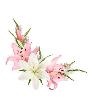 Beyaz arka planda pembe ve beyaz zambaklı zarif çiçekli köşe düzenlemesi. Düğün davetiyeleri, tebrik kartları ve bahar tasarımı için fotokopi alanı olan botanik dekorasyonu.