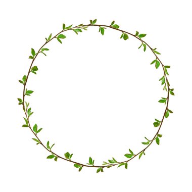 Beyaz arka planda izole edilmiş taze yeşil yapraklı ince yay dallarından yapılmış en az yuvarlak çelenk. Tasarım için kopyalama alanı olan doğal botanik çerçeve.