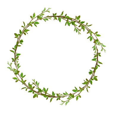 Taze yapraklı ince dallardan oluşan doğal bahar çelengi yuvarlak bir çerçeveye yerleştirilmiş, boş merkezli beyaz üzerine izole edilmiş. Tasarım için kopyalama alanı olan botanik çerçeve.