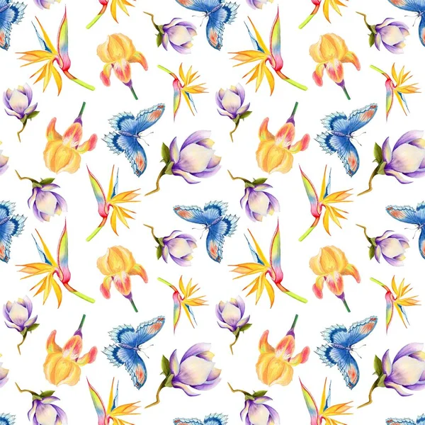 watercolor seamless pattern with tropical flowers and butterfly