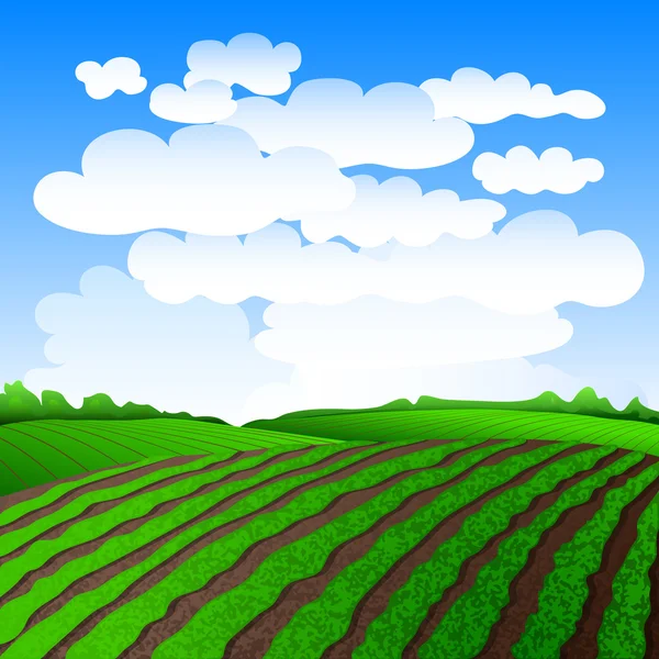 Αγροτικό τοπίο με καταπράσινα λιβάδια. Vector εικονογράφηση Eps 10. — Διανυσματικό Αρχείο