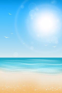 Tropikal plaj. Sandy beach parlak güneşin altında. Deniz backgro