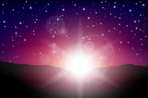 矢量的夕阳的天空星光背景。日出或日落时在地平线上. — 图库矢量图片