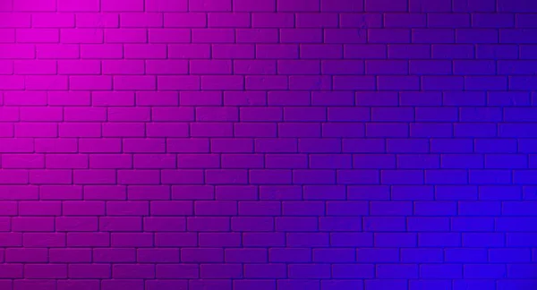 Neon tuğla duvar. Işık efekti. Duvarda mor ve mavi ışık var. Gece geçmişi. Retro tasarımı.