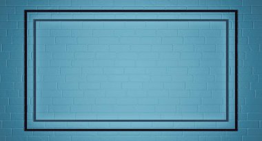 Duvardaki dikdörtgen çerçeve. Şablon çerçevesi işareti. Tek renkli renkler. Mavi tuğla duvar arka planı. 3d illüstrasyon.
