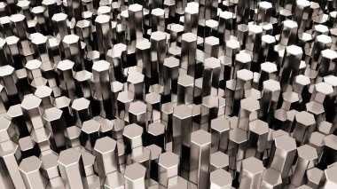 Gri altıgen soyut arka plan. Geometrik basit nesneler. Altıgen sütunlar. 3D görüntüleme. Bilim kurgu illüstrasyonu. Yüksek çözünürlük.