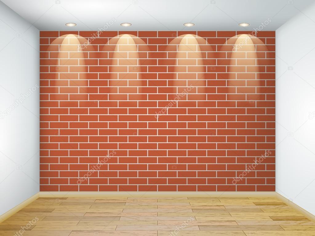 Interior with empty white room with red brick wall and wooden fl