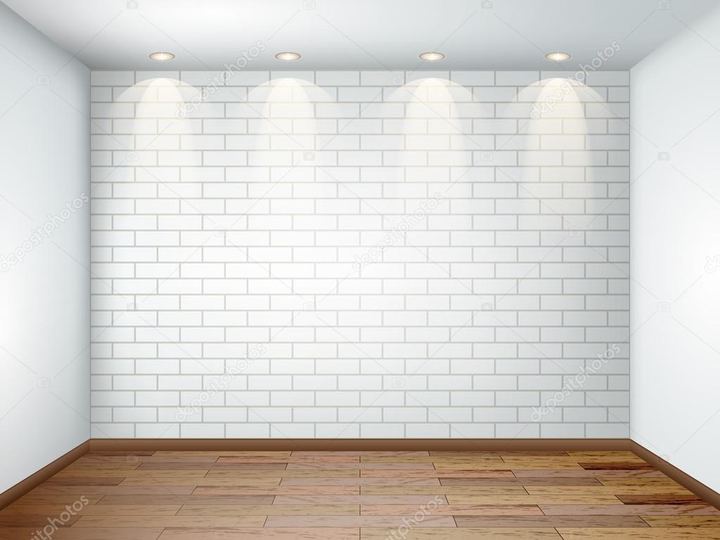 Interior with empty white room with white brick wall and wooden 