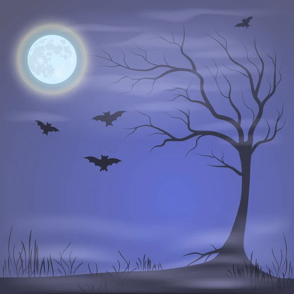 Misterioso paesaggio notturno sotto la luna. Halloween vector illu — Vettoriale Stock