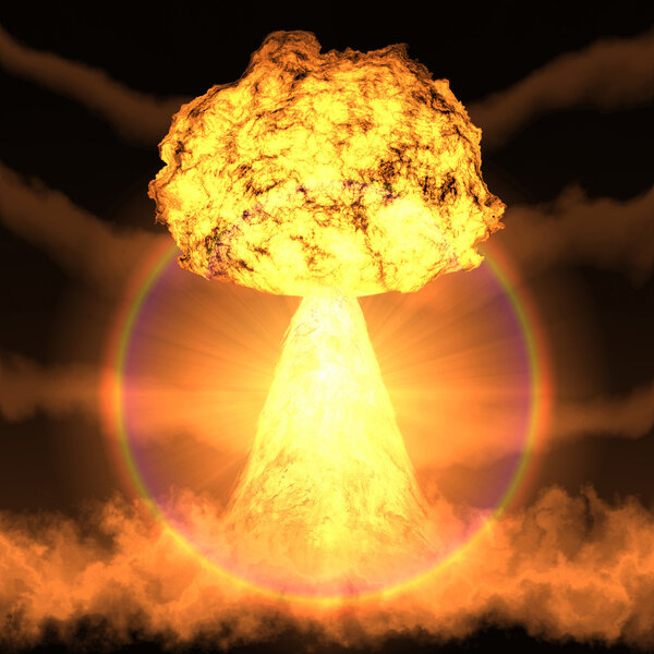 Powerful explosion of a nuclear bomb.