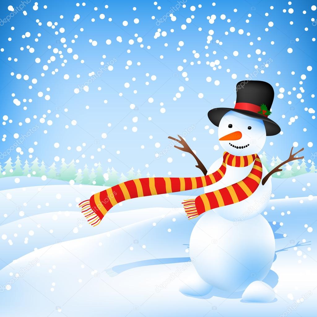 Christmas illustration with a snowman. Snowman with hat and scar