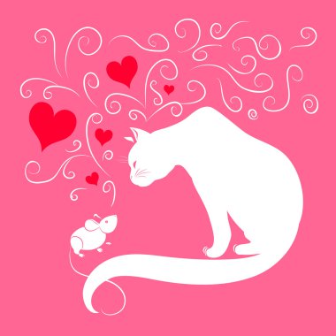 Sevgililer günü kartı. Kedi ve fare pembe bir arka plan üzerinde. Vektör 