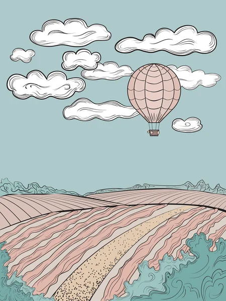 Balão sobre o campo. Paisagem vintage. Ilustração vetorial E — Vetor de Stock