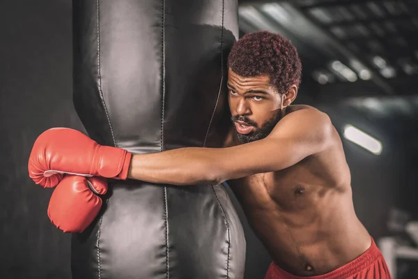 Genç esmer tenli kickboksör spor salonunda antrenman yapıyor ve yorgun görünüyor. — Stok fotoğraf