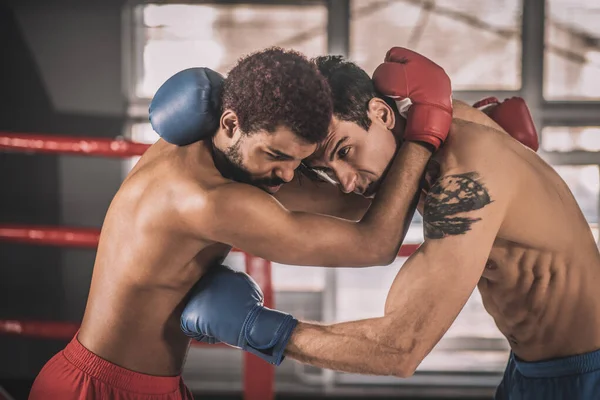 两名运动员在拳击台上一起锻炼 — 图库照片