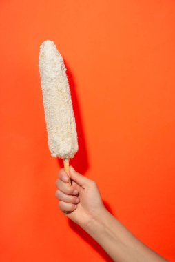 Salsa, mayonez, peynir ve patatesle hazırlanmış mısır, Meksika yemeği.