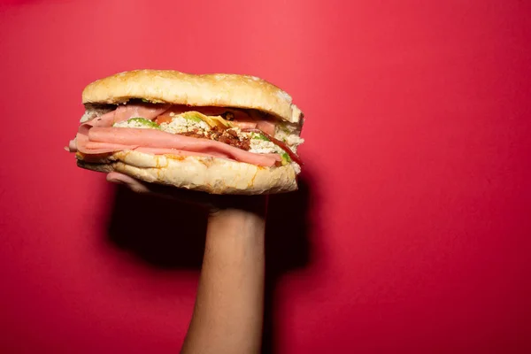 Bir el bar kek, Meksika pastası, Meksika yemeği, Meksika sandviçi, chiruzo, jambon, avokado, beyaz peynir, ceboola, Fransız ekmeğinde domates, kırmızı arka planda bolillo ekmeği.