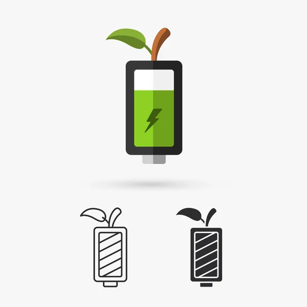 Batería verde y hoja verde. Concepto ecológico — Vector de stock